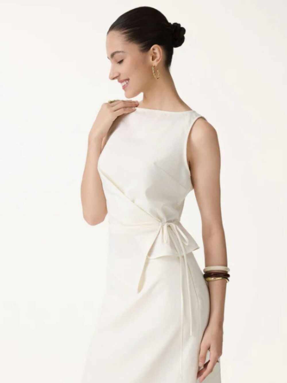OGL Linen Lyocell-Linen Blend Boatneck Waist-Defined Top Eggnog Medium